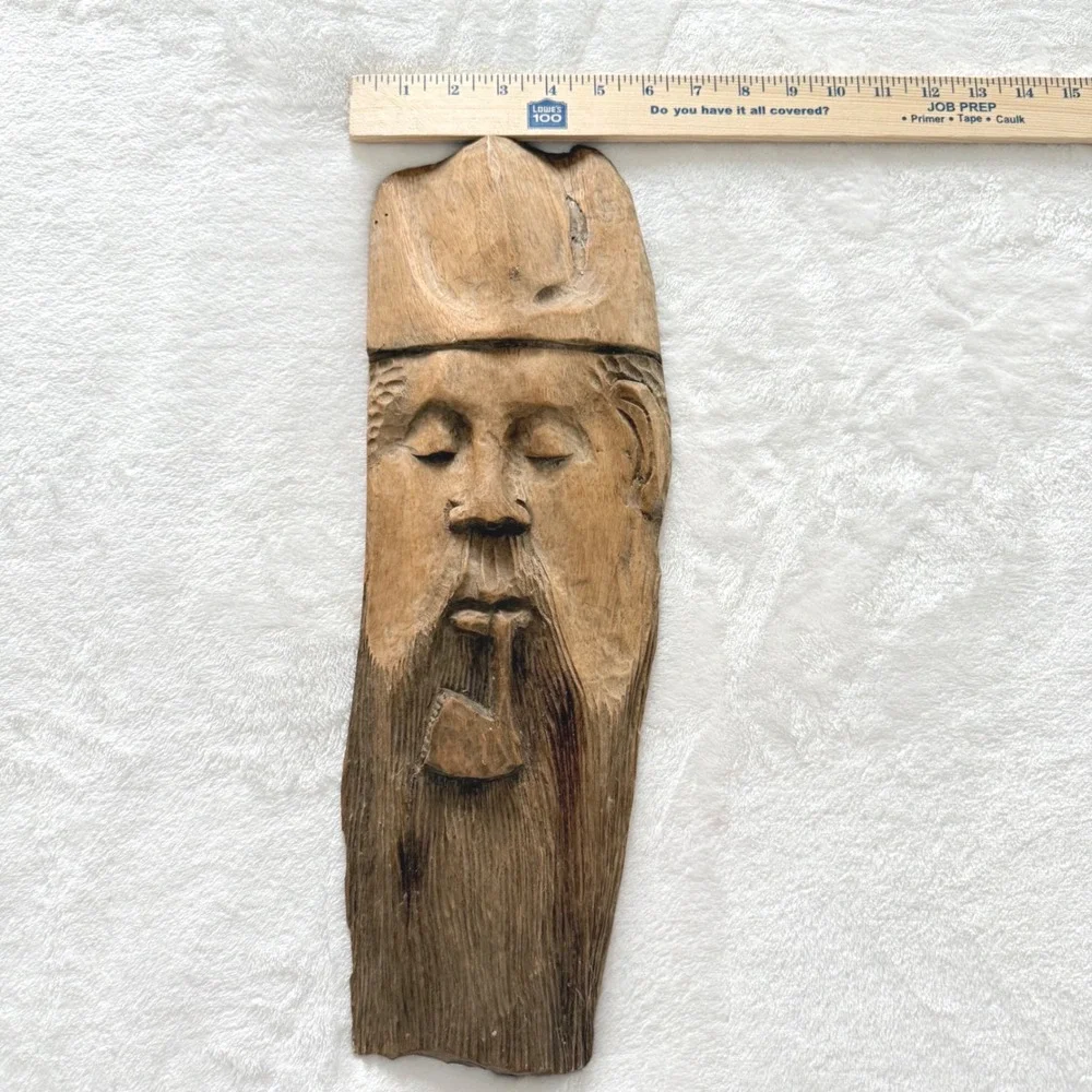 Vintage 70 Hand Carved Wooden Asian Sage Wall Mask Rustic Folk Art Hanging Decor